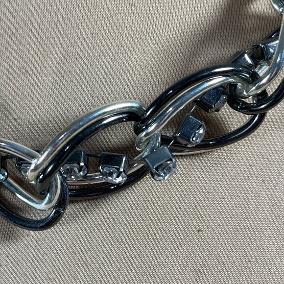 Braided Choker Necklace Black Silver Rhinestone Chunky Statement - Picture 2 of 4